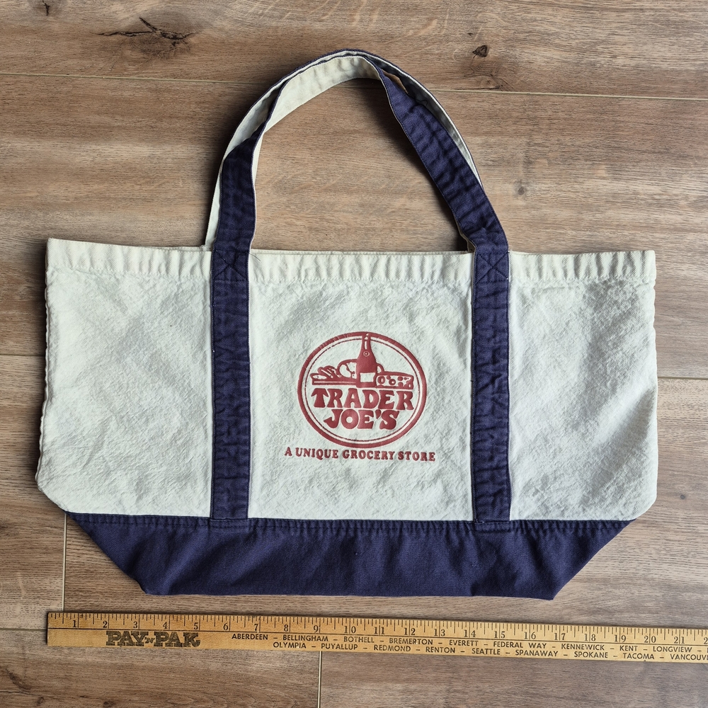 Vintage Trader Joe's Canvas Tote Bag Navy Blue with Red Retro Logo 90s - Picture 4 of 6